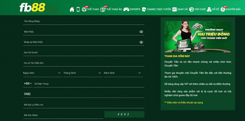 Giao diện trang đăng ký thành viên FB88